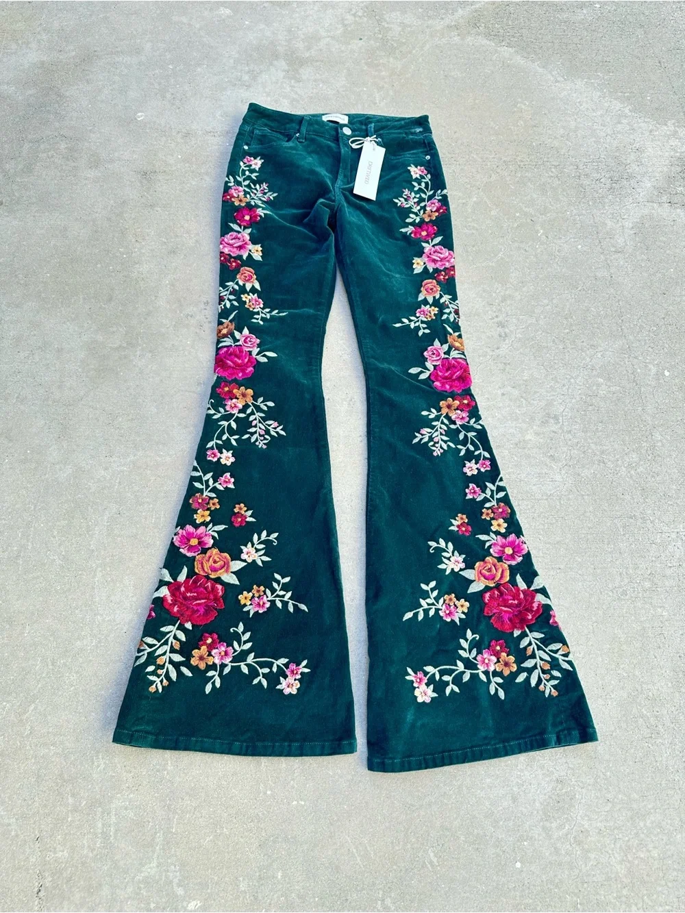 Driftwood Farrah Corduroy Embroidered Floral Flare Pants|Dark Green multi NWT~24 - Picture 2 of 6